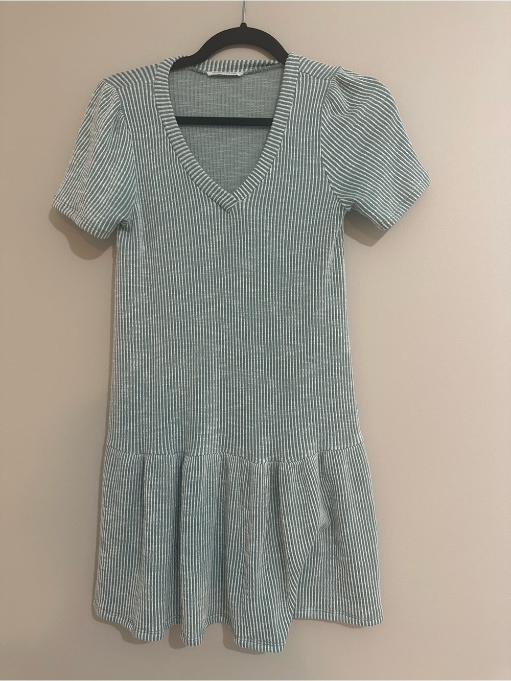 Caution to the Wind Sage Textured Mini Dress Puff Sleeve Coastal XS S